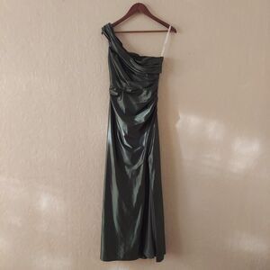 Galina Signature Bridesmaid Dress Olive Green Satin One Shoulder W Slit Sz 4